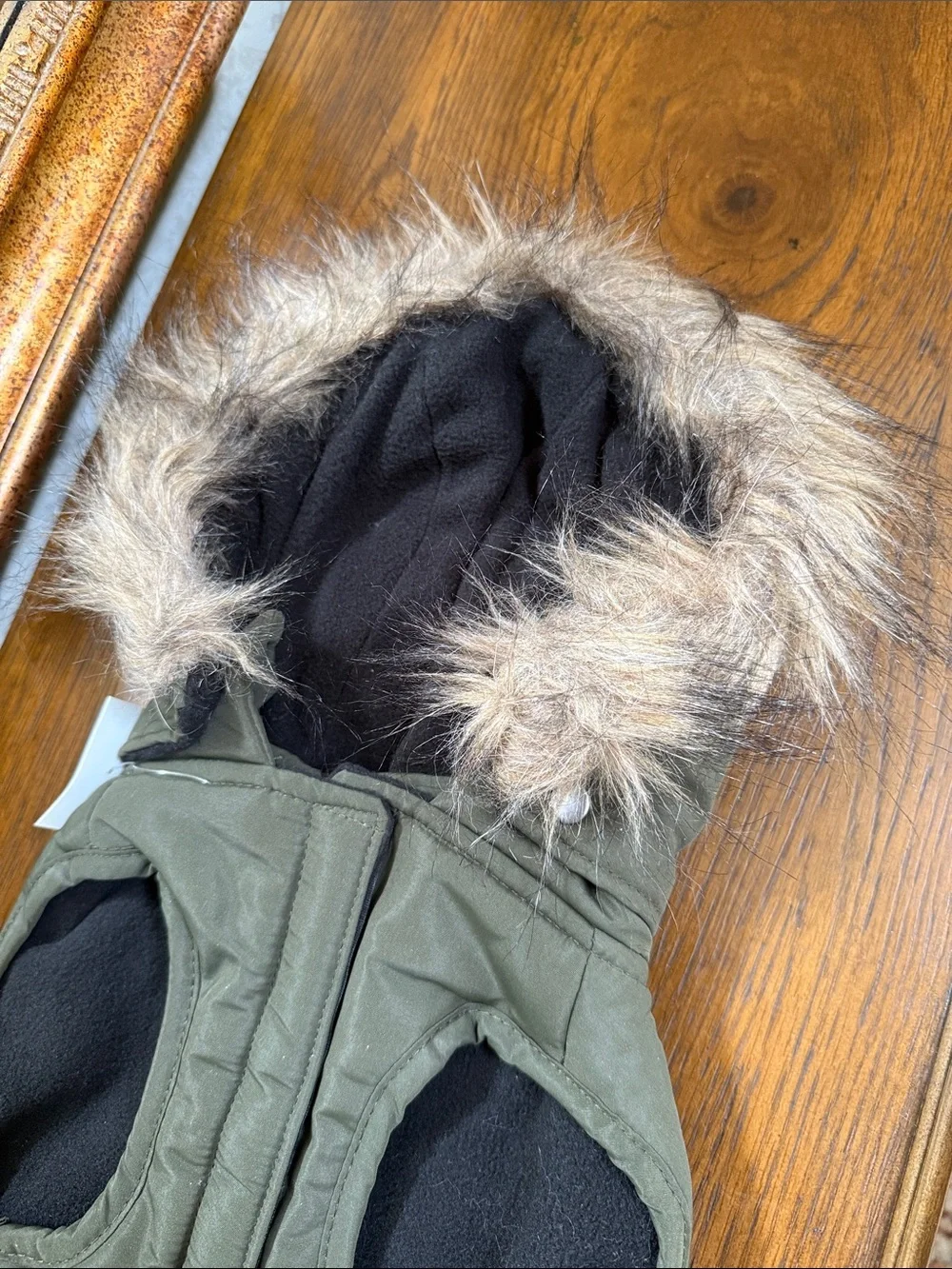 Sky Olive Green Quilted Dog Puffer Coat with removeable Faux Fur Hood. Size S.
